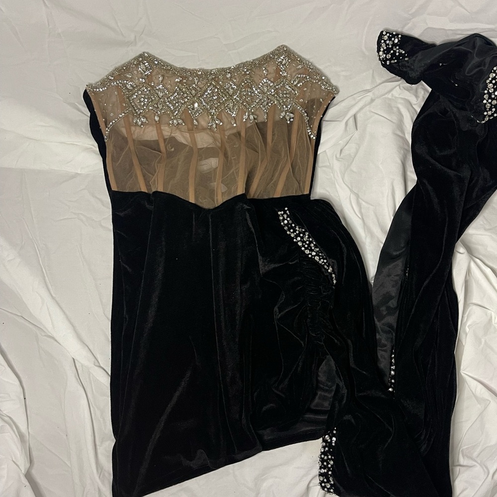 Ken White Black Velvet Crystal Corset Bodice Mini Dress with Side Train
